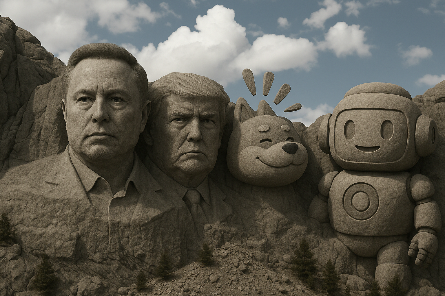 Mount Rushmore with Elon Musk, Donald Trump, Bonk, and UniPCS